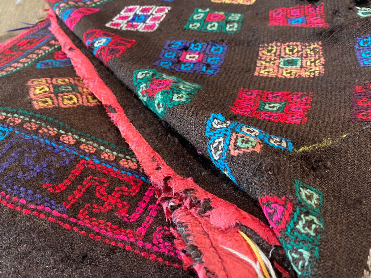 Yathra weaving, from the Chumey Valley in Bumthang, Bhutan. Hand spun and natural dyed yarn is backstrap woven into wool panels, then embroidered with wool thread. Mid 20th century. This textile is called a denkeb and was likely used as a rain cloak. Its condition is commensurate with its age. Measurements: 173 x 84 cm