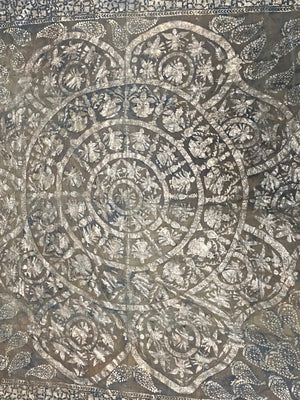 Pichwai temple hanging, silver leaf on a ground of handwoven cotton, featuring Krishna, gopis and apsaras. This devotional cloth hanging was made by Shri Nathji devotees of the Pushti Marg Sect. A large and rare circular-patterned example dating to late 19th Century and a collector's item. Measurements: 173 x 157 cm.