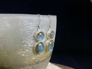 Large, oval labradorite earrings, crafted from cabochon labradorite stones set in sterling silver and finished with large hooks. Measurements: height 4.8 cm x width 1.2 cm