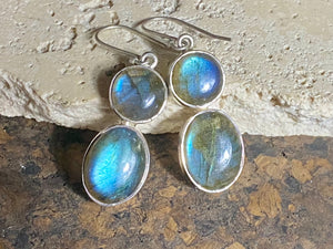 Large, oval labradorite earrings, crafted from cabochon labradorite stones set in sterling silver and finished with large hooks. Measurements: height 4.8 cm x width 1.2 cm