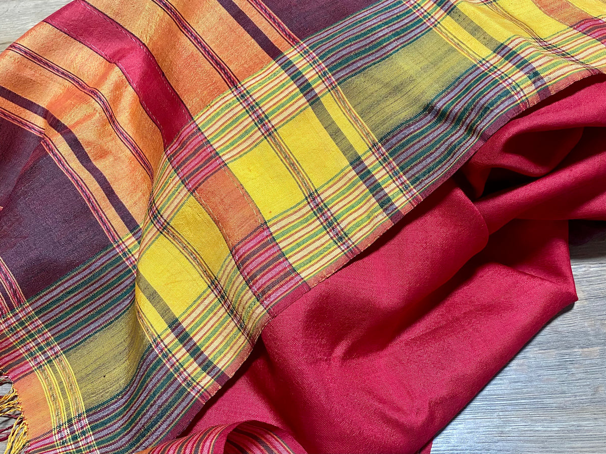 Rare classic example of a balanced tabby-weave silk shawl from Turkmenistan. Silk, terminating in fringed ends. This shawl is new, but was collected by my father in the 1990's and to our knowledge is an heirloom piece, woven in the early 20th century. In superb condition. 373 x 82 cm, not including fringes.