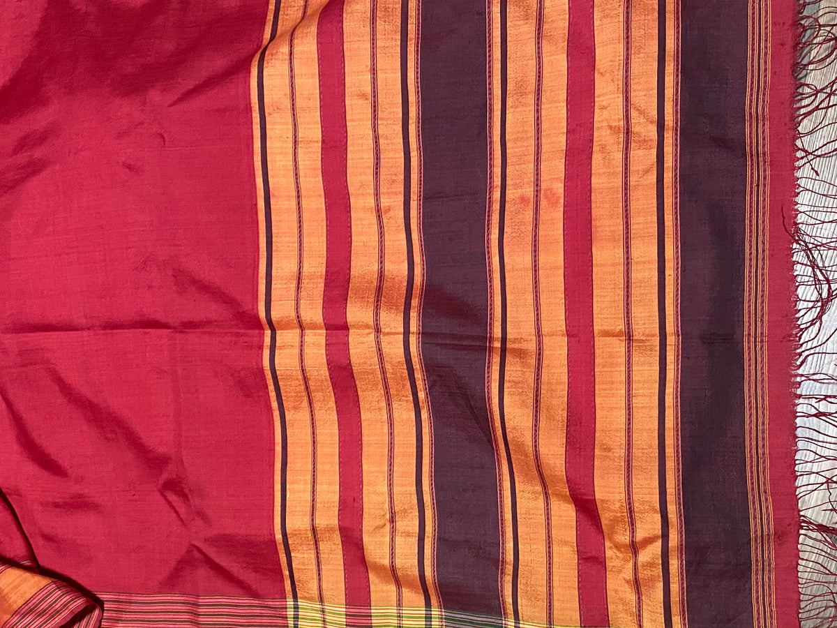 Rare classic example of a balanced tabby-weave silk shawl from Turkmenistan. Silk, terminating in fringed ends. This shawl is new, but was collected by my father in the 1990's and to our knowledge is an heirloom piece, woven in the early 20th century. In superb condition. 373 x 82 cm, not including fringes.