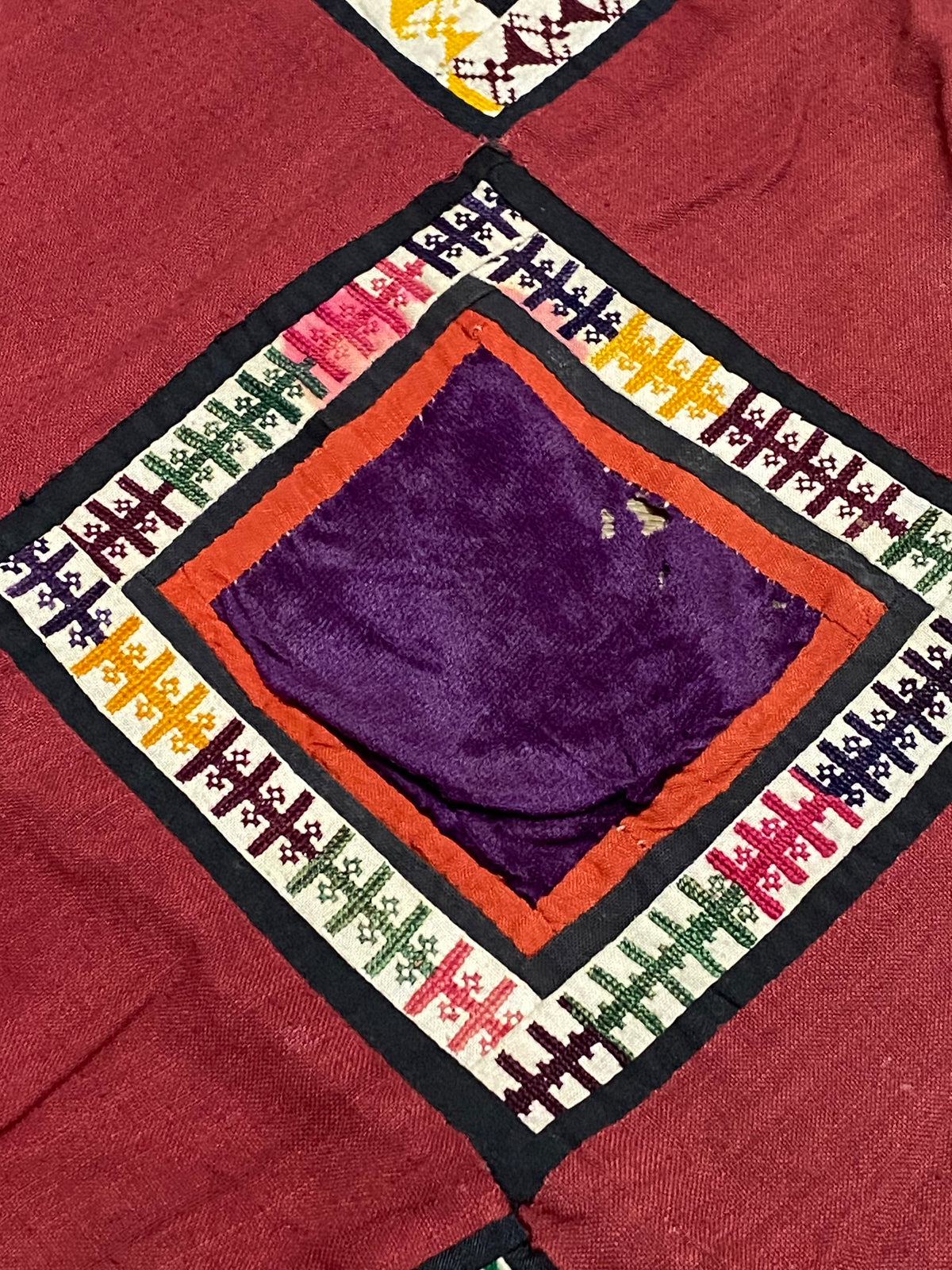 Uzbeki Afghani korak patchwork. Geometric patchwork of cotton, silk, velvet & embroidered fabric squares, framed with embroidery. Traditionally used by nomads as coverlets or wall hangings in their tents. Protects against evil eye. This is a fine example of this style of workmanship. Early 20th C: 200 x 173 cm