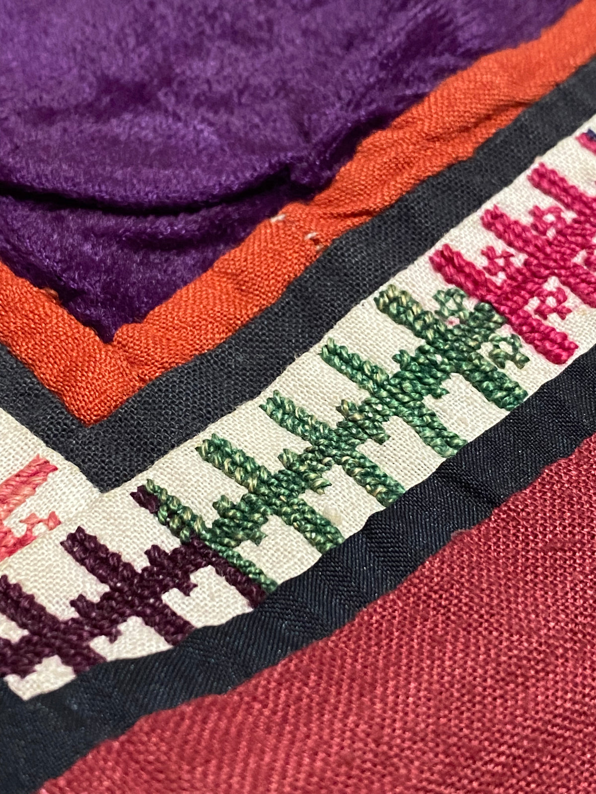 Uzbeki Afghani korak patchwork. Geometric patchwork of cotton, silk, velvet & embroidered fabric squares, framed with embroidery. Traditionally used by nomads as coverlets or wall hangings in their tents. Protects against evil eye. This is a fine example of this style of workmanship. Early 20th C: 200 x 173 cm