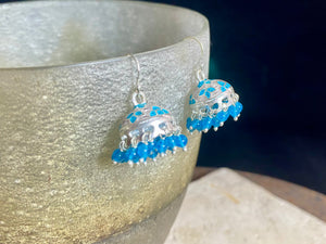 Enamelled sterling silver umbrella earrings, tassel earrings or Jhumka earrings. Sterling silver hooks.  Instant Bollywood style, and are light and easy to wear. Measurements: 3 cm drop, including hook