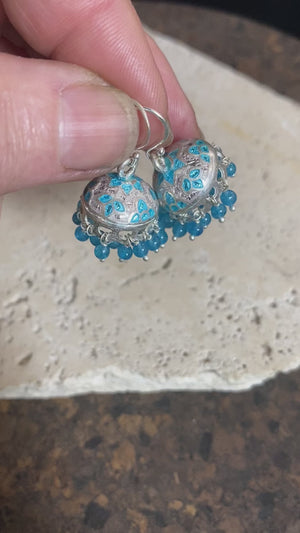 Enamelled sterling silver umbrella earrings, tassel earrings or Jhumka earrings. Sterling silver hooks.  Instant Bollywood style, and are light and easy to wear. Measurements: 3 cm drop, including hook