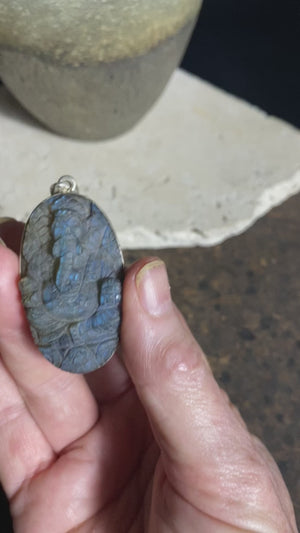 Ganesh Hand Carved Labradorite Pendant - Long Oval (No 8)