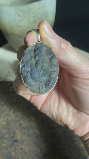 Ganesh Hand Carved Labradorite Pendant - Large Oval (No 4)