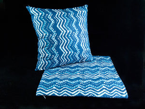 Double sided zippered cushion covers, organic cotton, concealed zipper, with an indigo blue and white geometric hand block print
