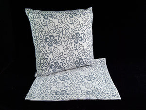Double sided zippered cushion covers, organic cotton, concealed zipper, with a soft grey and white floral hand block print