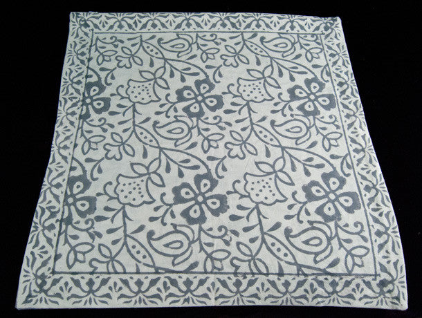 Double sided zippered cushion covers, organic cotton, concealed zipper, with a soft grey and white floral hand block print