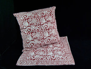 Double sided zippered cushion covers, organic cotton, concealed zipper, with a bold red and white floral and geometric hand block print