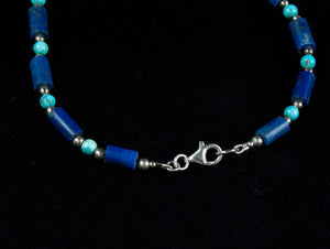 Turquoise and Lapis Tube Necklace finished with sterling silver