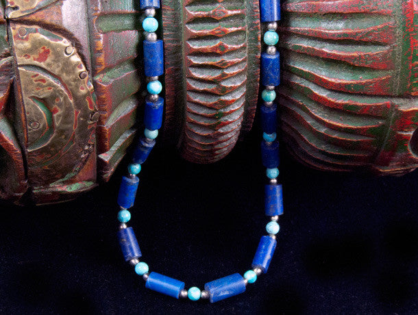 Turquoise and Lapis Tube Necklace finished with sterling silver