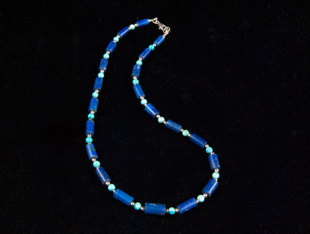 Turquoise and Lapis Tube Necklace finished with sterling silver