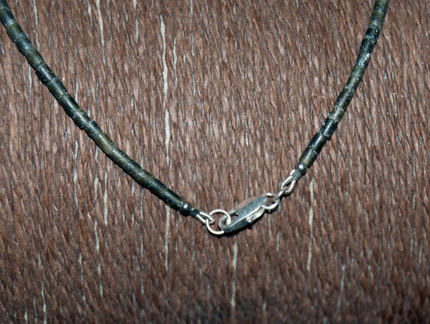 silver and green serpentine bead necklace, natural Afghan jade and a handmade Karen silver leaf pendant