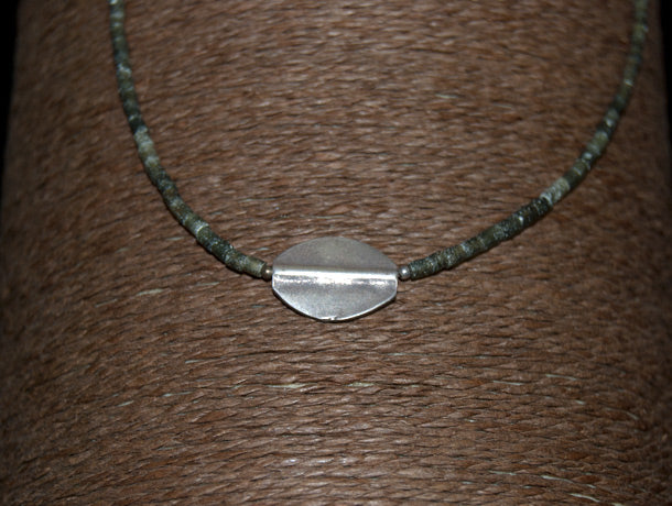 silver and green serpentine bead necklace, natural Afghan jade and a handmade Karen silver leaf pendant