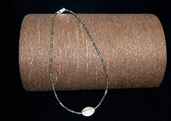 silver and green serpentine bead necklace, natural Afghan jade and a handmade Karen silver leaf pendant