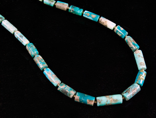 Natural Turquoise Bead Necklace - tubes of sky blue graduated turquoise with sterling silver