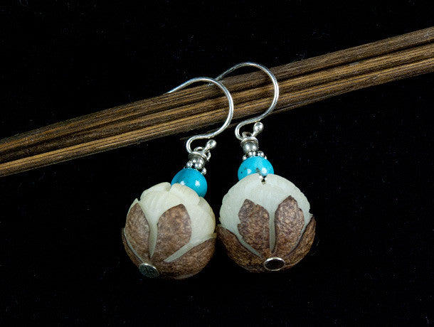 Carved Bodhi Seed and Turquoise Silver Earrings