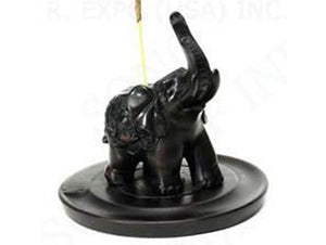 Trunk up elephant incense holder made from cast resin and suitable for incense cones or stick incense