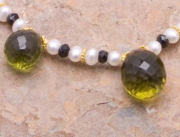 Green Amethyst & 23K Gold Necklace finished with facet cut onyx and cultured freshwater pearls
