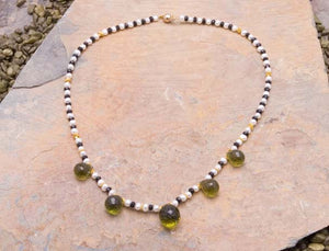 Green Amethyst & 23K Gold Necklace finished with facet cut onyx and cultured freshwater pearls