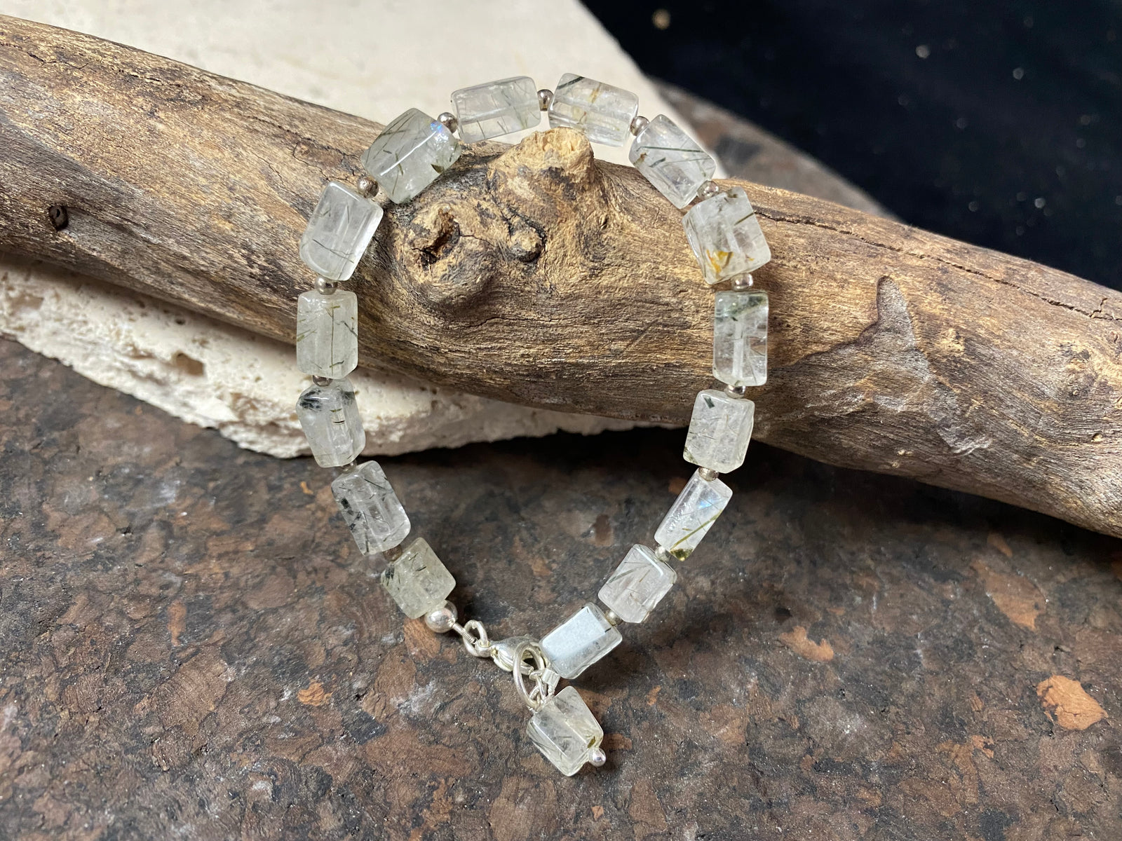 Tourmaline crystals within quartz and sterling silver bracelet, 18.3 cm length