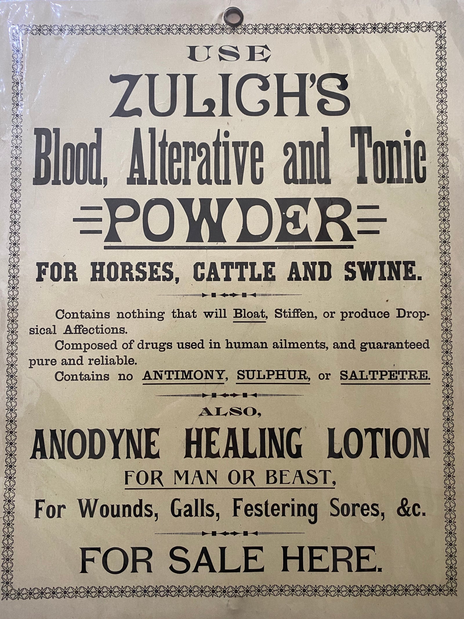 An original Zulich's Tonic store sign, in near mint condition, dating to 1890, from Philadelphia. Printed on heavy board, with a riveted hole at the top for hanging