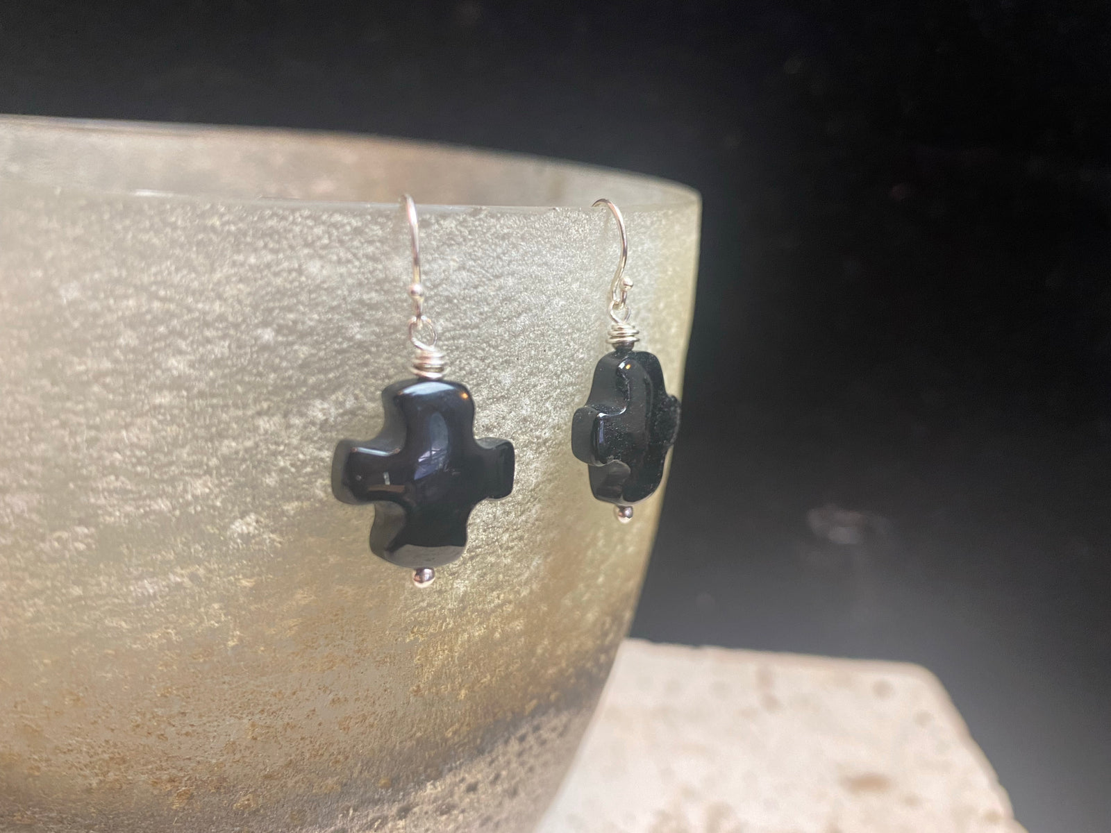 Our bold black cross earrings are hand crafted from sterling silver and hand cut natural, deep black agate stone, giving them a very southwest earring vibe. Height 3 cm (1.25”)