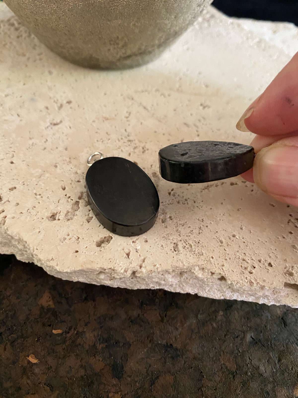 Shungite and silver oval or teardop pendants
