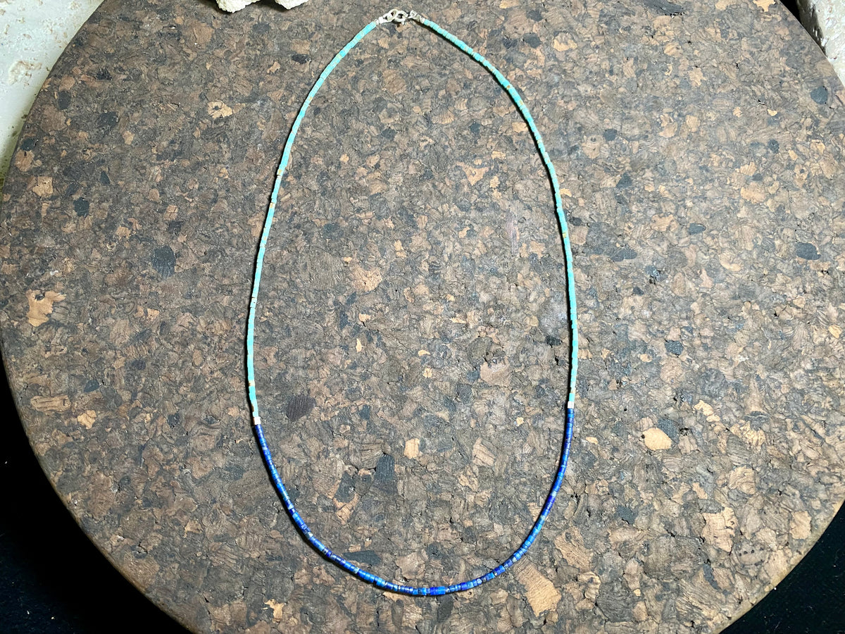 Fine necklace of lapis lazuli and turquoise hand cut beads, highlighted with sterling silver