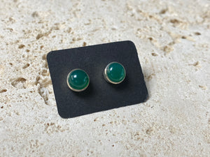 Simple and elegant large round green onyx earring studs, hand made from sterling silver and set with polished natural gemstones cut in cabochon style