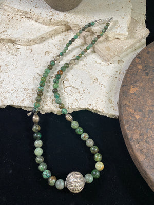 Long African Turquoise Silver Bead Necklace