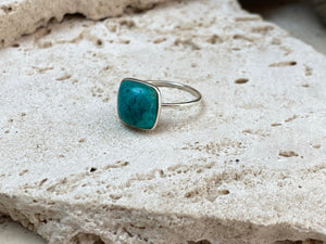 Turquoise square gemstone ring set in simple sterling silver. Stone 1 x 1 cm