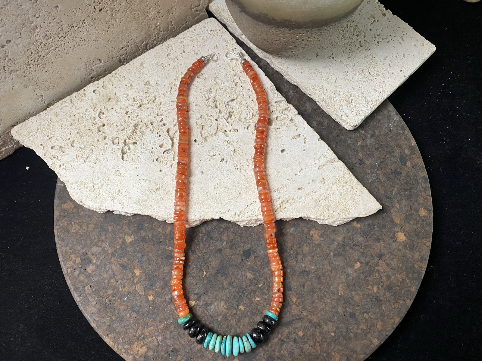Chunky statement necklace with a southwest vibe, made from heshi cut carnelian beads, onyx and natural Arizona turquoise, finished with sterling silver beads and hook clasp. A one-off unisex necklace that will look stunning on a guy or girl. Measurements: 53 cm (21")