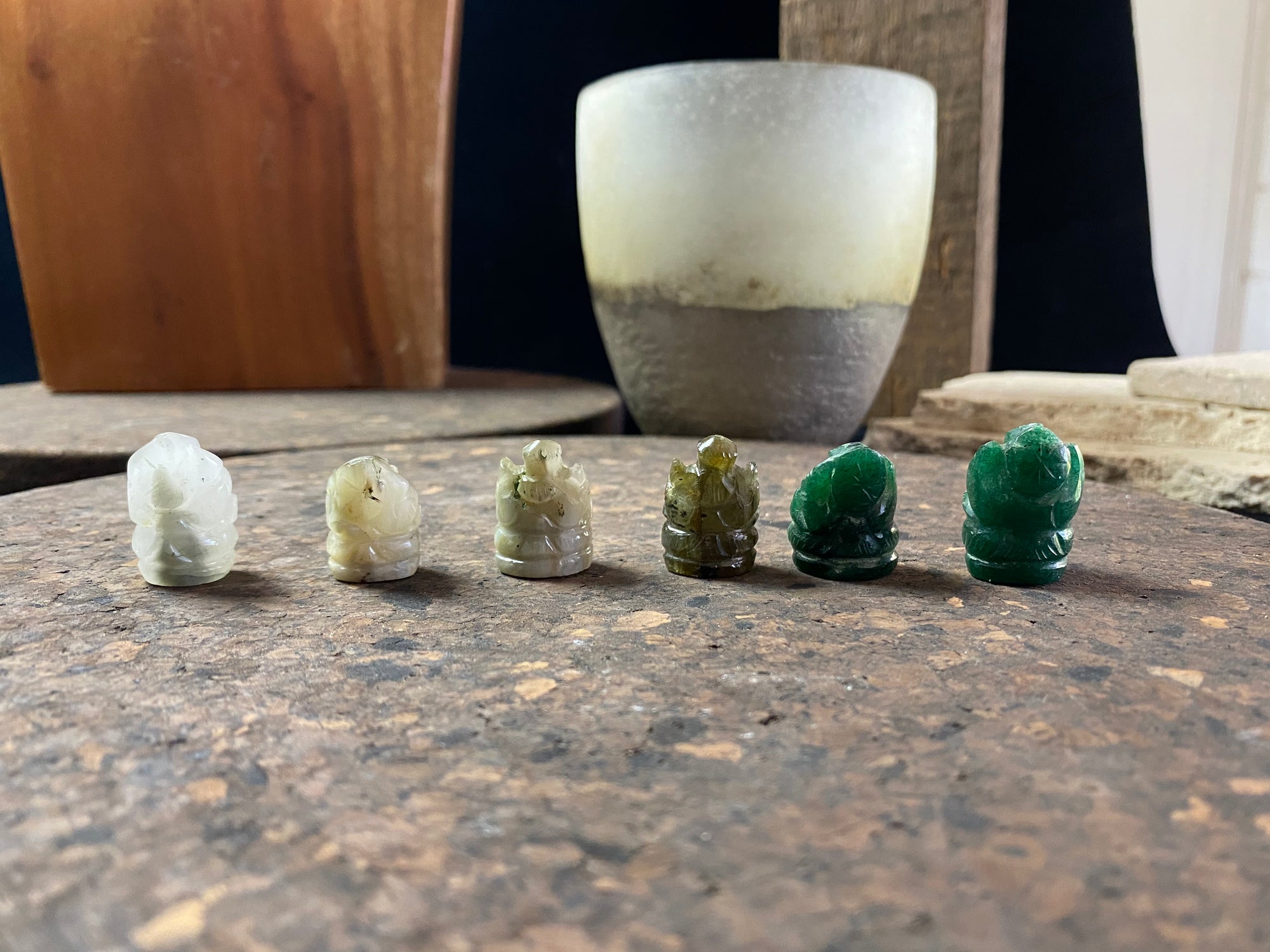 Hand carved from different green gemstones, these small ganesh statues  are perfect for travelling, or if you're short on space, have only a small space to fill or like to keep Ganesh with you at all times. From 2.2  2.5 cm in height