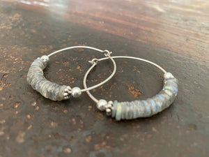 Labradorite earrings facet cut on every side to show off their fire, Sterling silver hoops