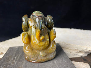 Ganesh statue hand carved from a solid piece of tigers eye stone, 6 cm in height
