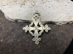 Front view of our large Ethiopian Cross pendant, lost wax casting, non silver, hand made, tribal, gypsy, African jewellery, boho, Christian, bohemian. Length 7.8 cm