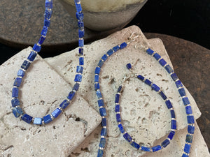 Natural Afghan lapis lazuli cube shaped beads and bright sterling silver necklace. Select from two lengths