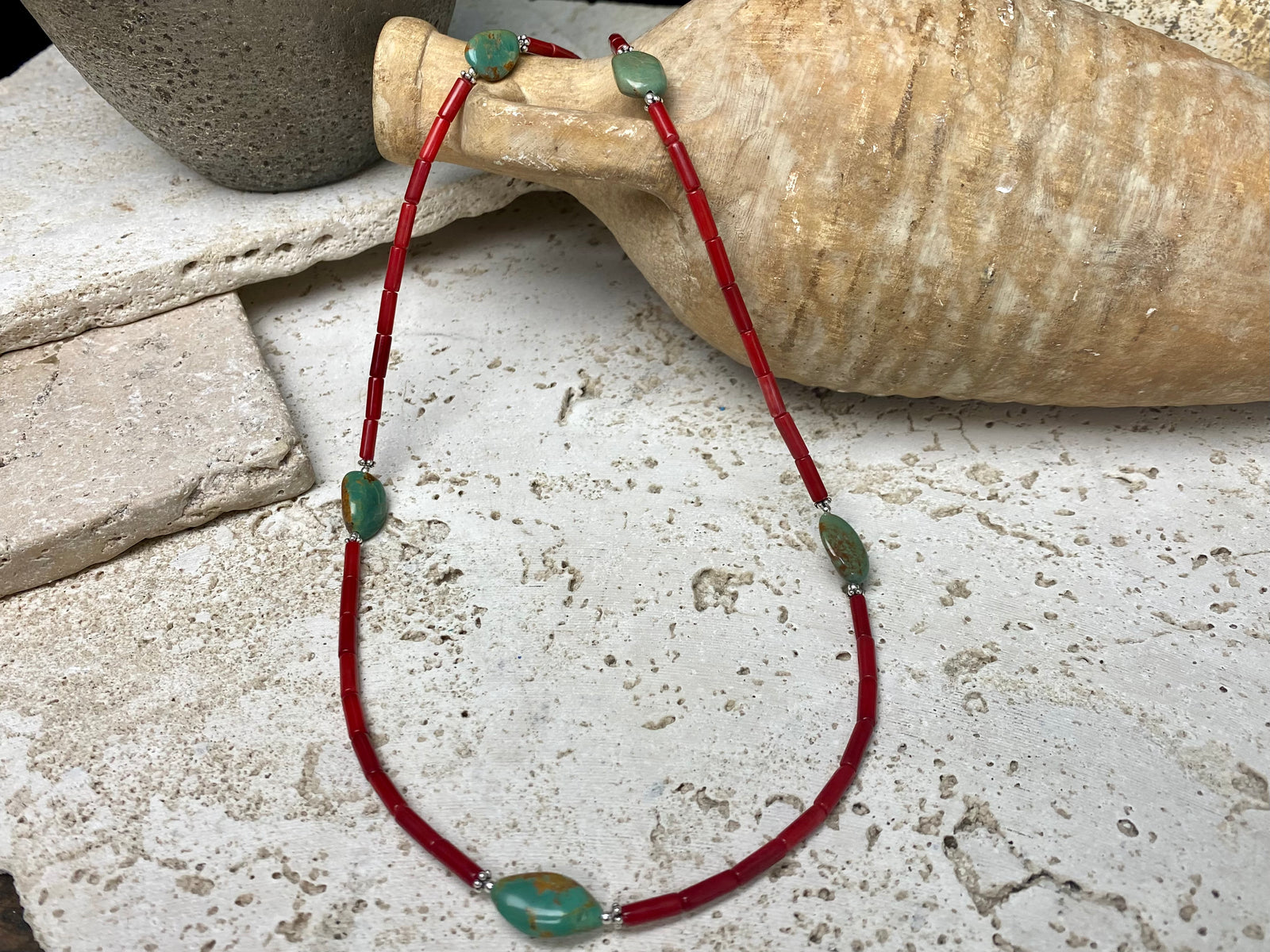 Red bamboo coral and natural Tibetan turquoise necklace, highlighted with sterling silver beads. This is a unisex necklace. Length 62-63 cm length
