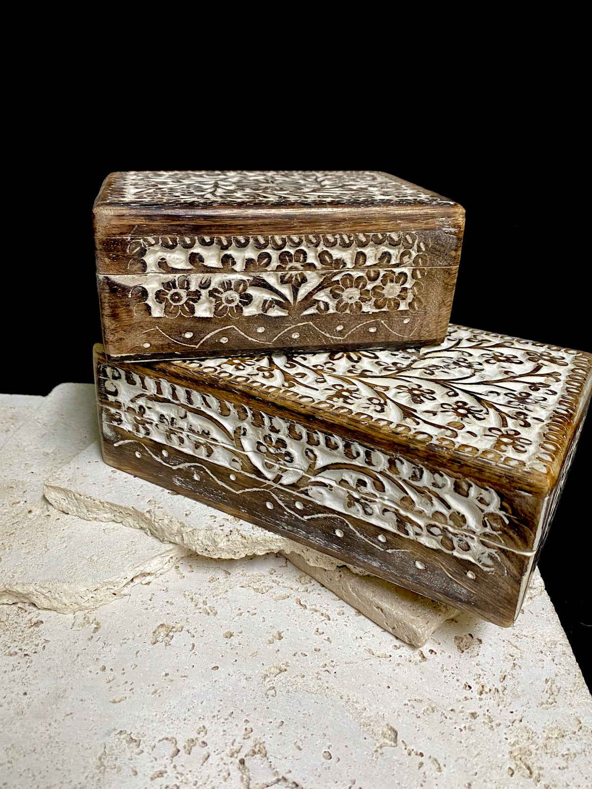 Hand carved solid mango wood boxes in two sizes and four colour finishes