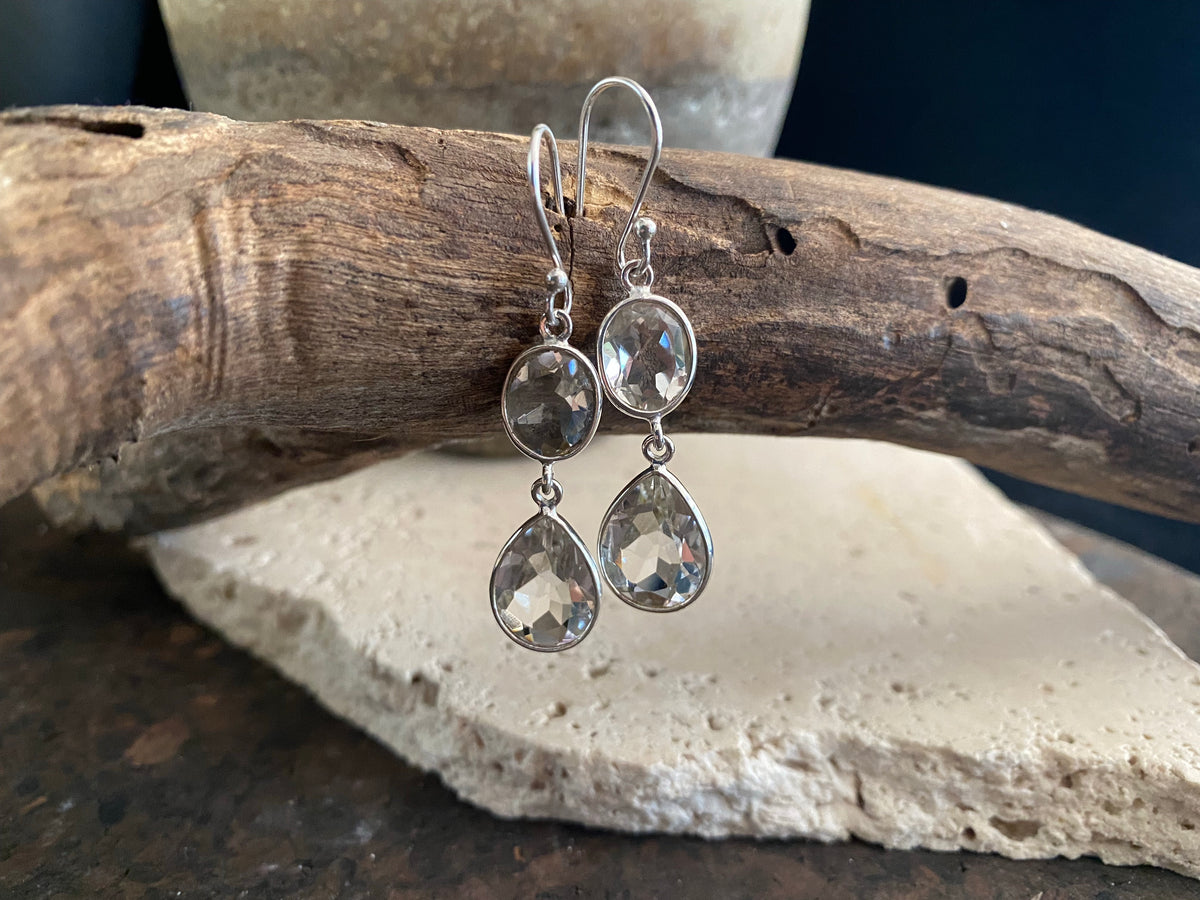 Visually stunning, facet cut drop earrings of facet cut clear or smokey quartz, finished with sterling silver mounts and hooks. The perfect drop earring. Length including hook 5 cm