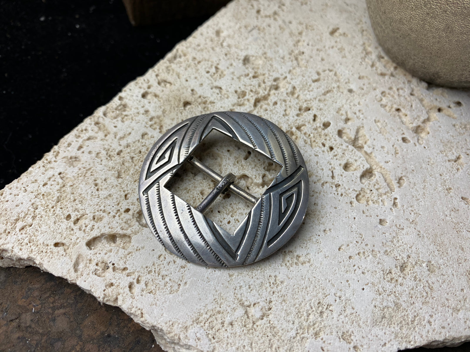 Vintage silver belt buckle, Hopi Indian circa 1950, 2 inches (5.4 cm) diameter