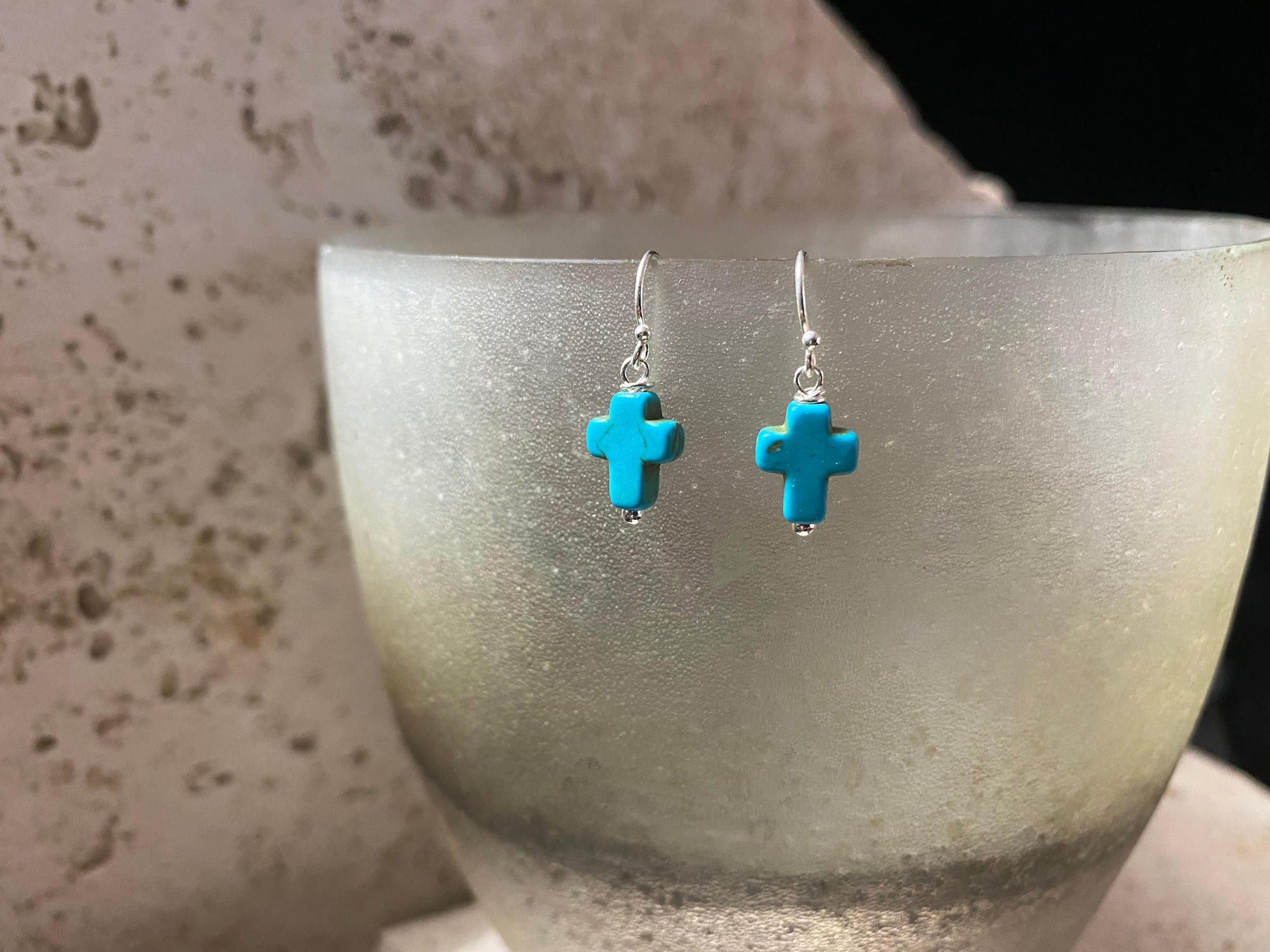 Blue and silver small cross earrings