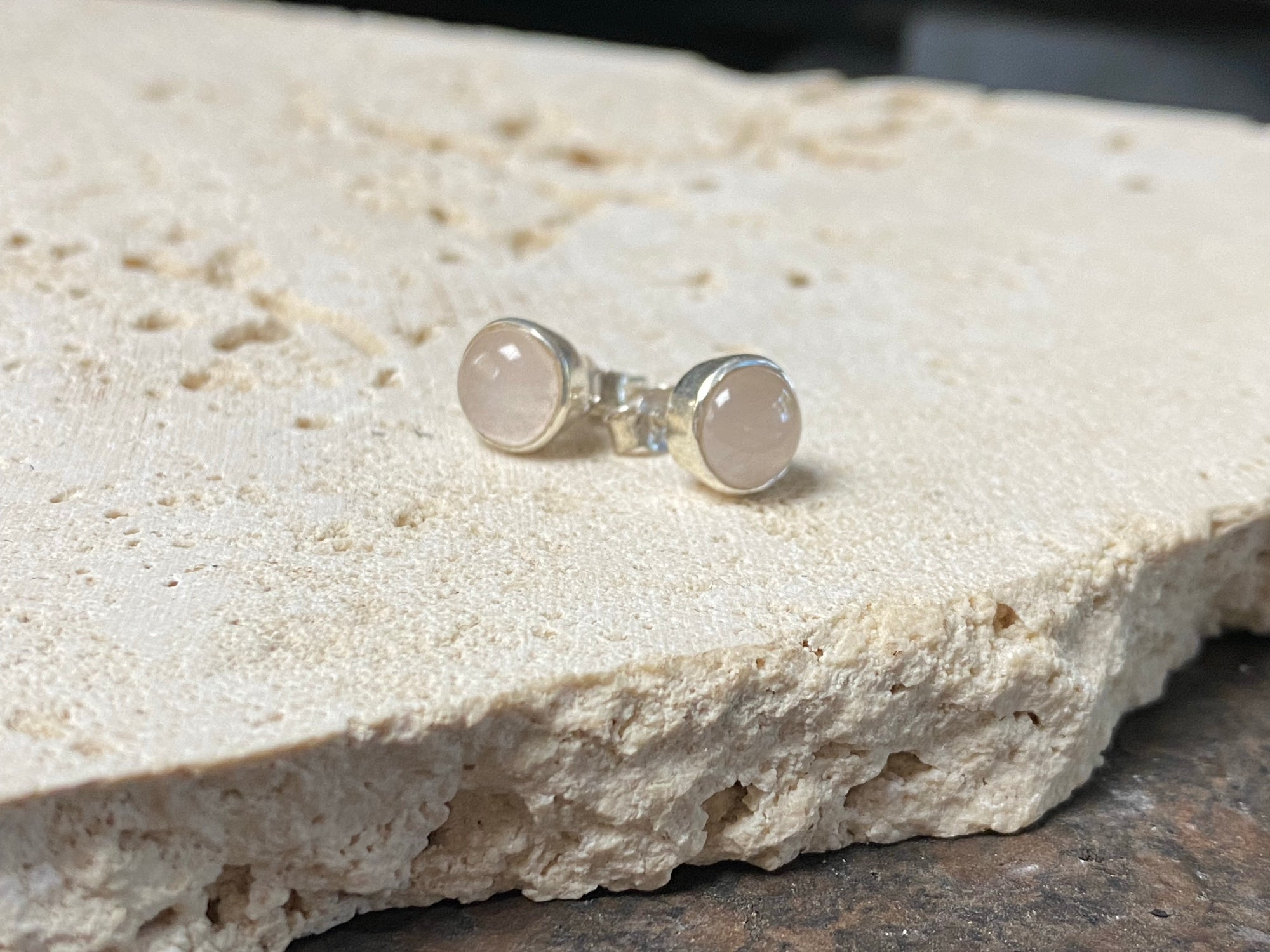 Simple and elegant large round blue chalcedony earring studs, hand made from sterling silver and set with polished natural gemstones cut in cabochon style