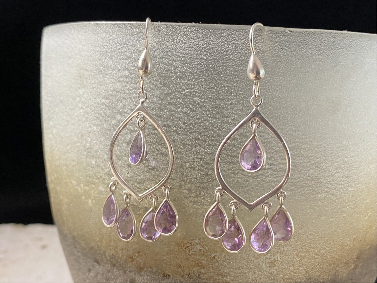 Classic amethyst drop earrings set in sterling silver, 5.2 cm length, lightweight and easy to wear