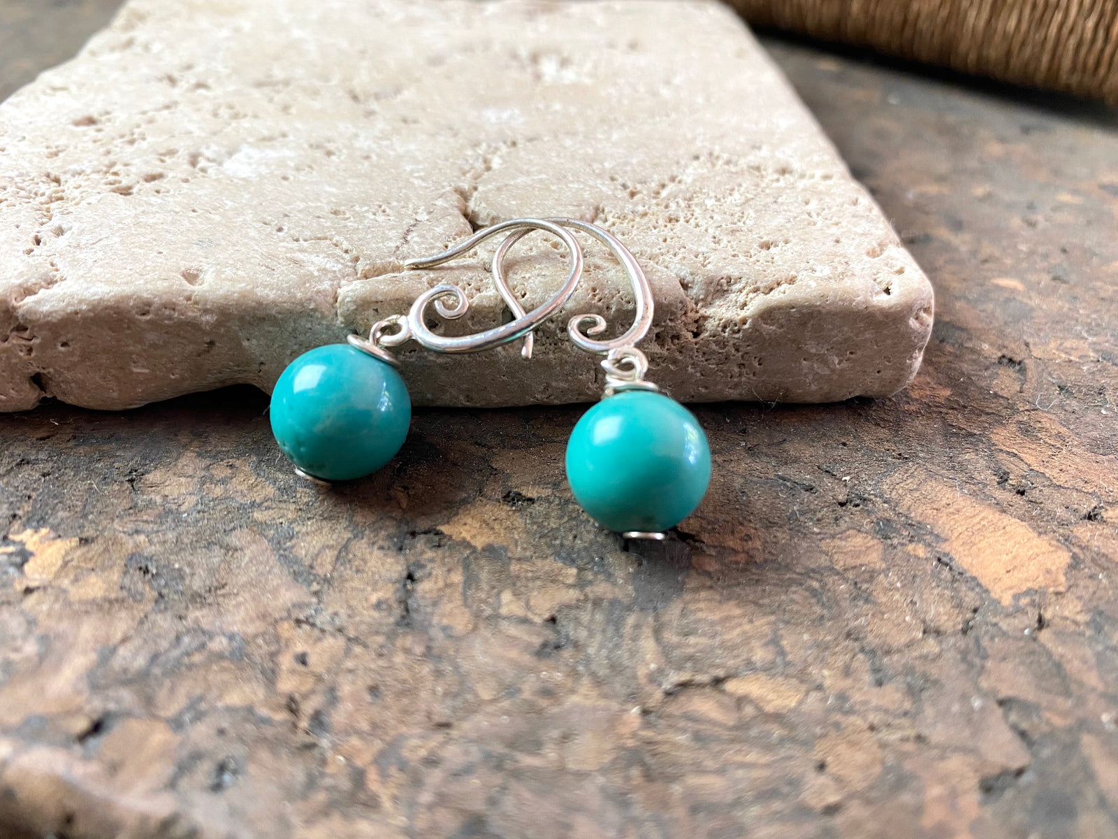 Simple and elegant turquoise ball earring drops finished with sterling silver hooks