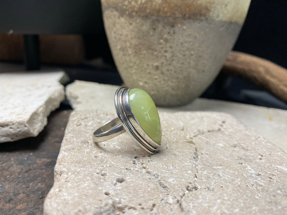 Teardrop cut prehnite ring set in sterling silver, size 7.5
